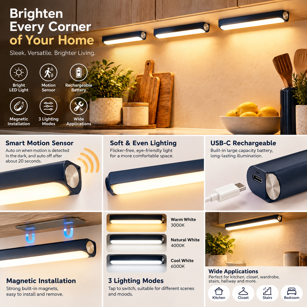 Pdsnuhs™ Smart Under-Cabinet Light Bars, 3-Pack features