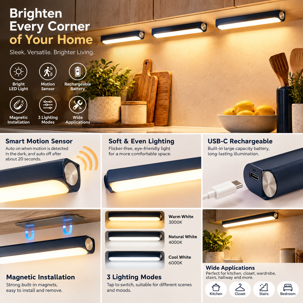 Pdsnuhs™ Smart Under-Cabinet Light Bars, 3-Pack features