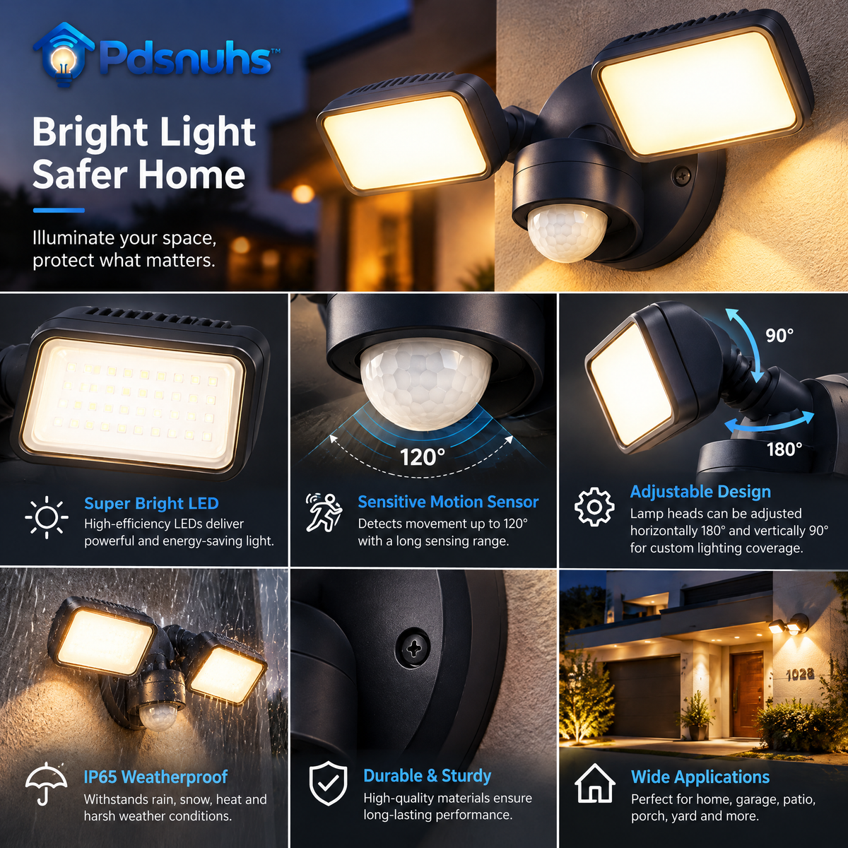 Pdsnuhs™ Dual-Head Smart Motion Floodlight features