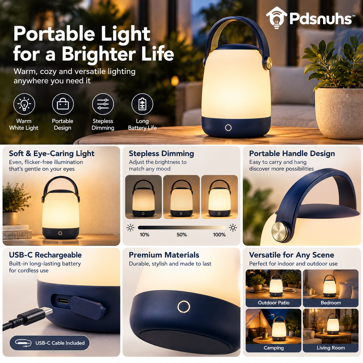 Pdsnuhs™ Rechargeable Smart Portable Lantern features