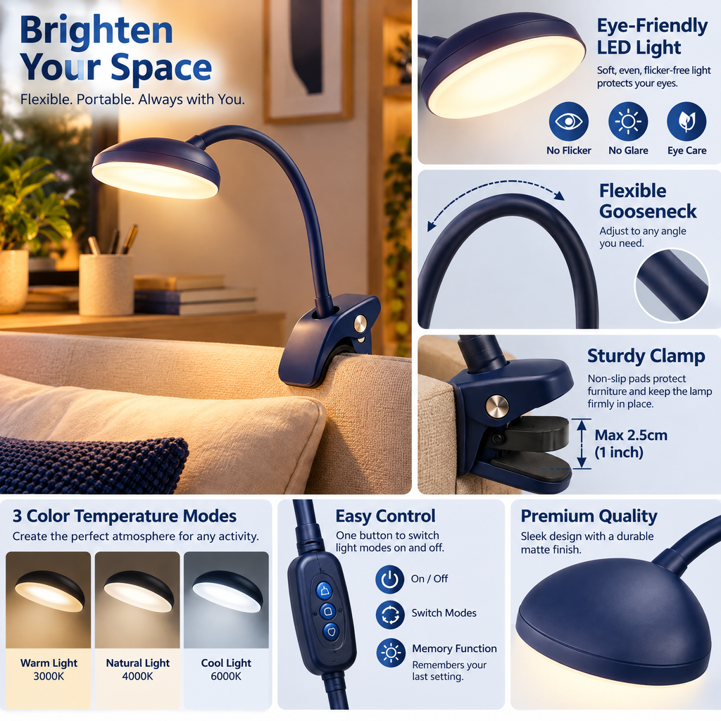 Pdsnuhs™ Rechargeable Clip-On Reading Light product view